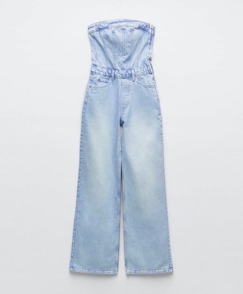 Zara Strapless Denim Wide‑Leg Jumpsuit Women’s Size Small